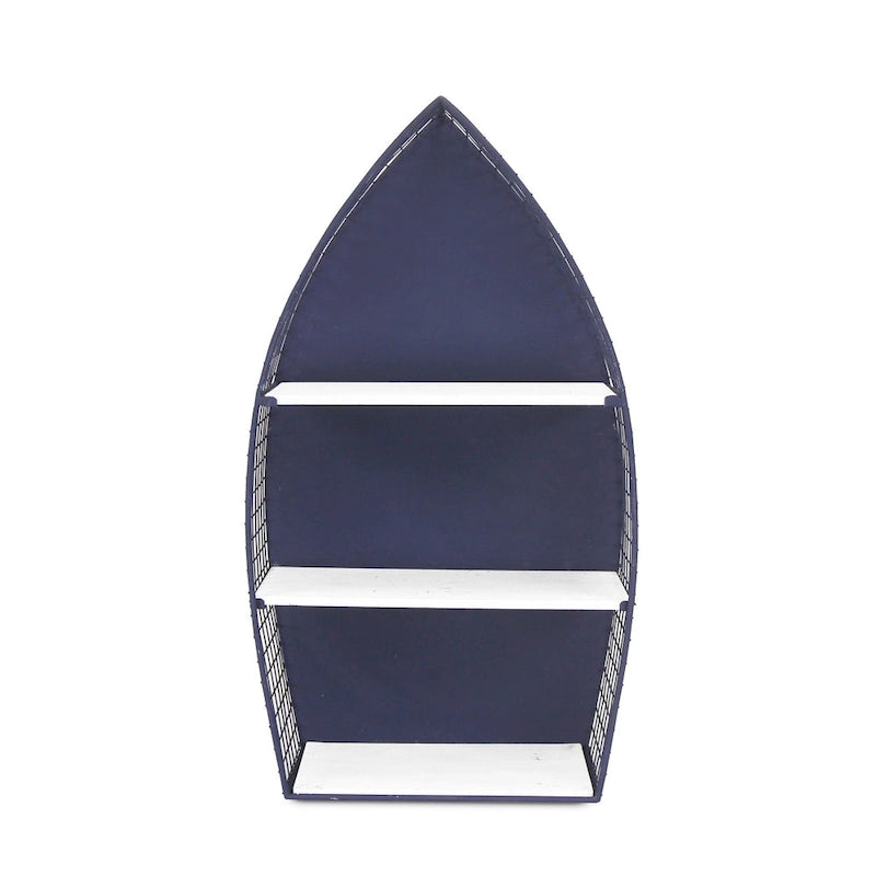 Étagère Murale Décorative en Forme de Barque Côtière, Bleu Marine Blanc, Bois et Métal