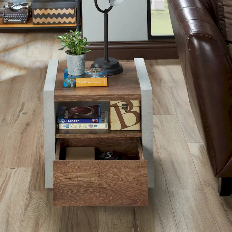 Table d'appoint industrielle aspect béton avec tiroir et étagère ouverte