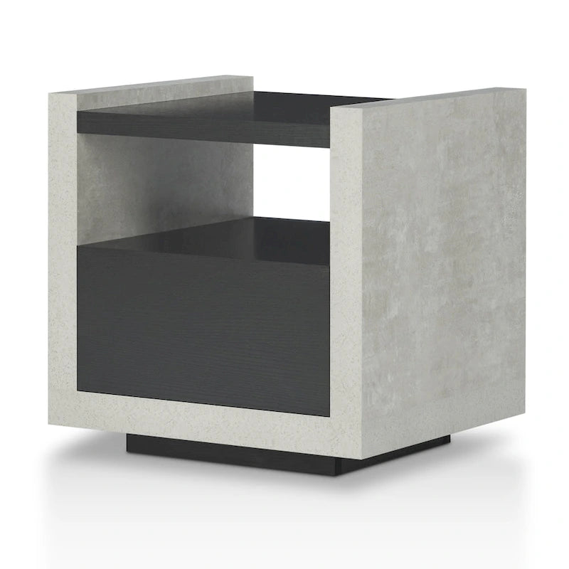 Table d'appoint industrielle aspect béton avec tiroir et étagère ouverte