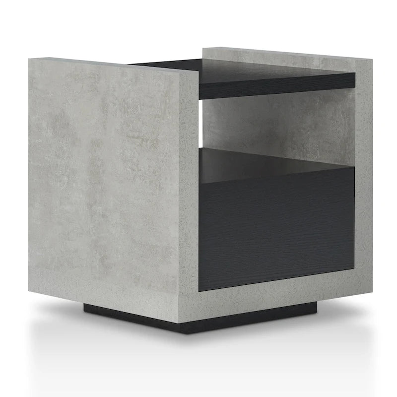 Table d'appoint industrielle aspect béton avec tiroir et étagère ouverte
