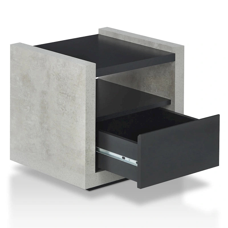 Table d'appoint industrielle aspect béton avec tiroir et étagère ouverte