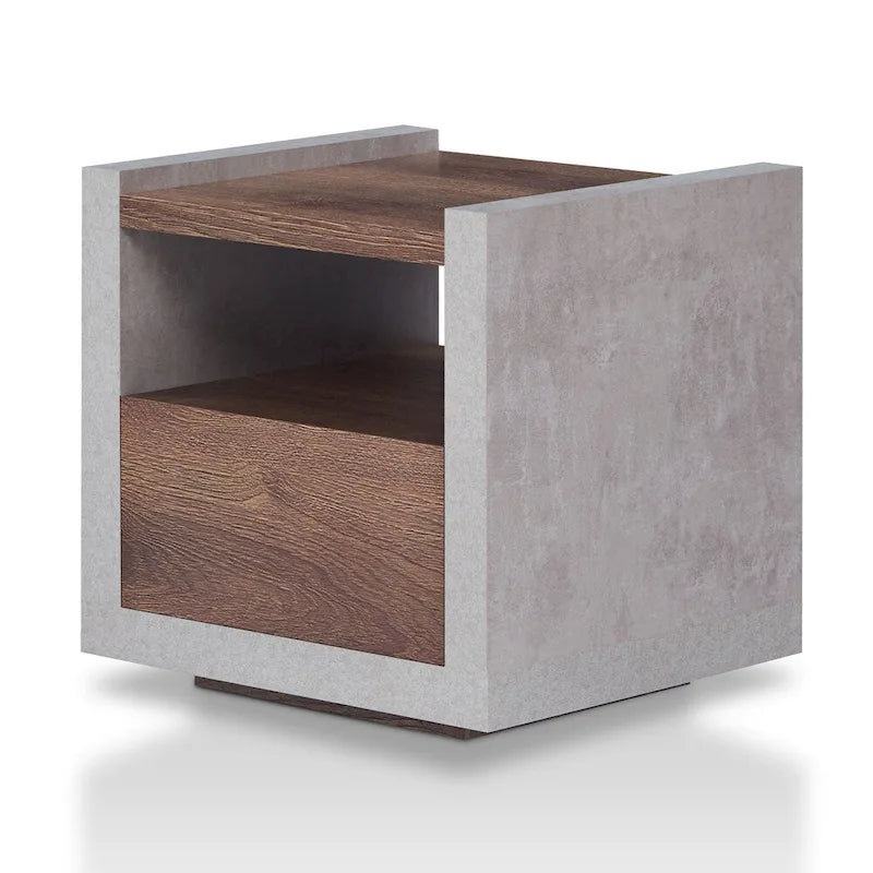 Table d'appoint industrielle aspect béton avec tiroir et étagère ouverte