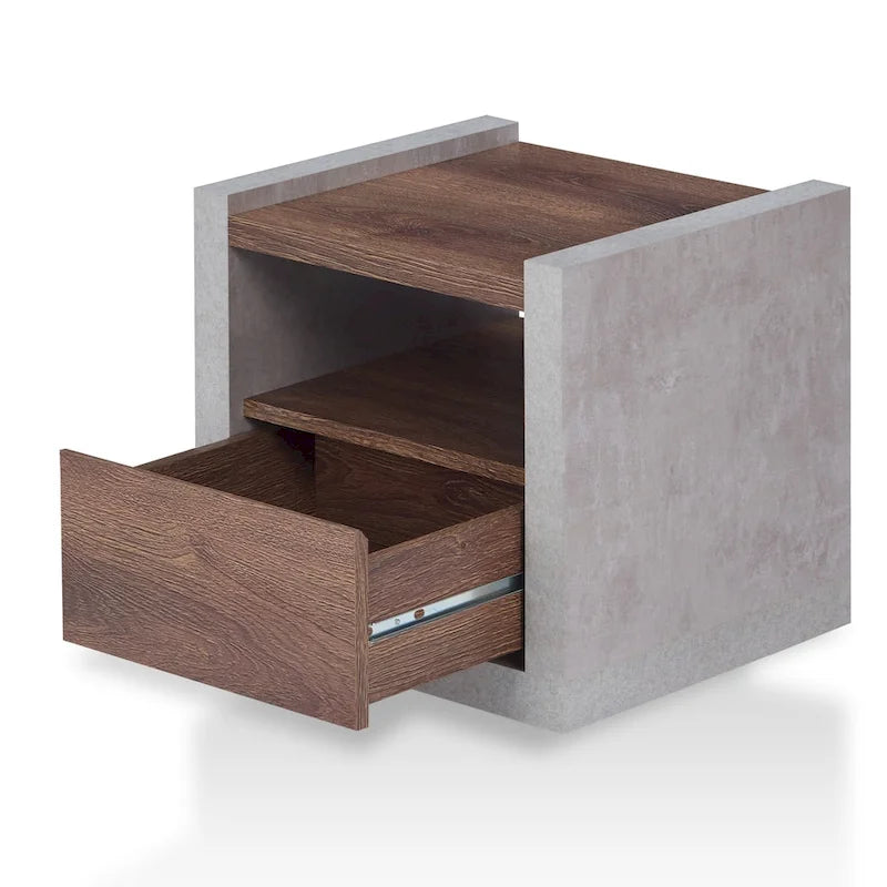 Table d'appoint industrielle aspect béton avec tiroir et étagère ouverte
