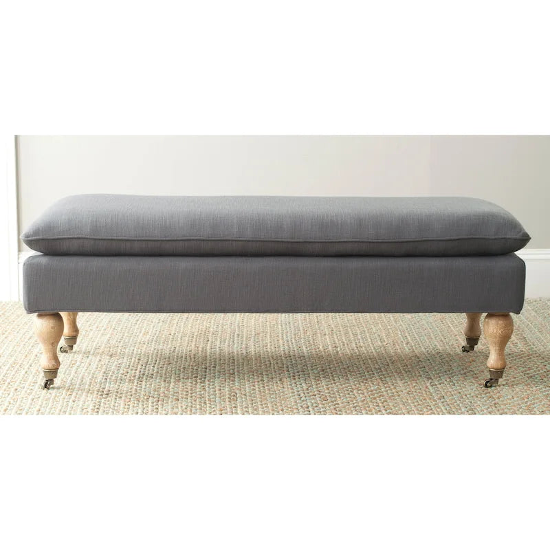 Banc ottoman rembourré à dessus oreiller avec pieds tournés et roulettes, Gris Acier