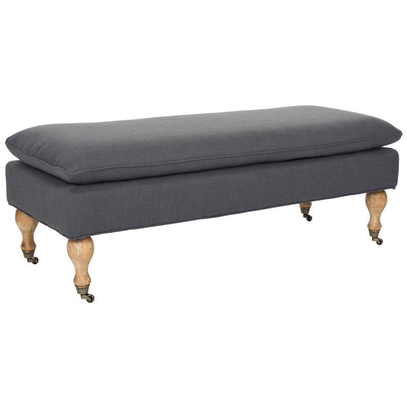 Banc ottoman rembourré à dessus oreiller avec pieds tournés et roulettes, Gris Acier
