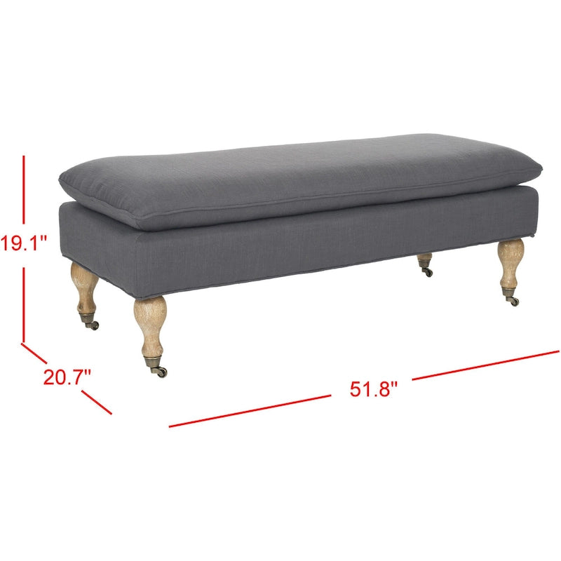 Banc ottoman rembourré à dessus oreiller avec pieds tournés et roulettes, Gris Acier