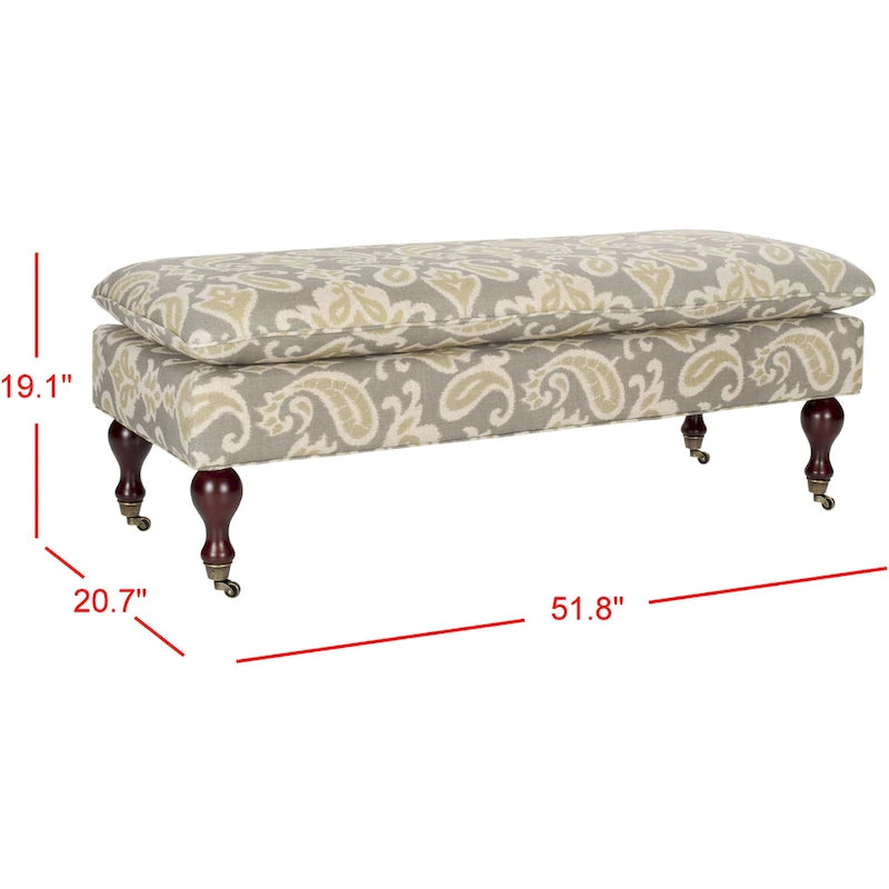 Banc ottoman rembourré à dessus oreiller avec pieds tournés et roulettes, Gris Acier