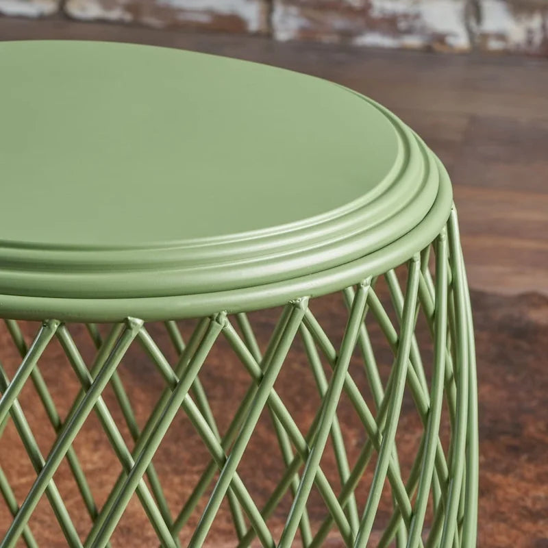 Guéridon en fer forgé à treillis rond jaune bleu sarcelle vert fabriqué à la main