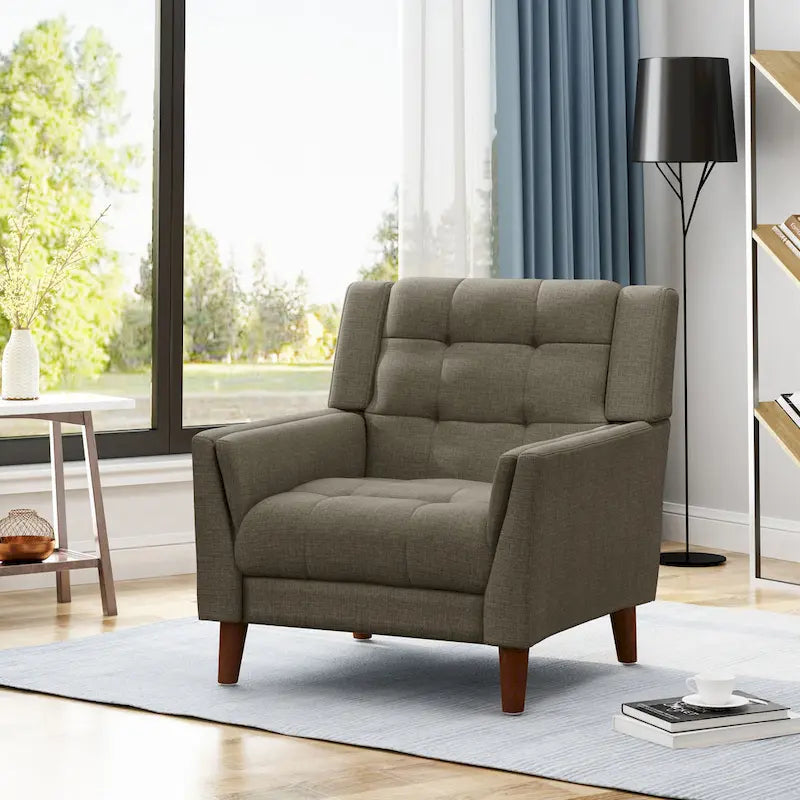 Fauteuil club capitonné Mid-Century Modern avec pieds en bois de bouleau