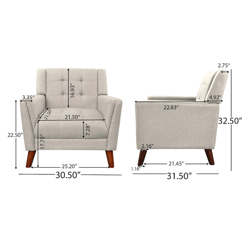 Fauteuil club capitonné Mid-Century Modern avec pieds en bois de bouleau
