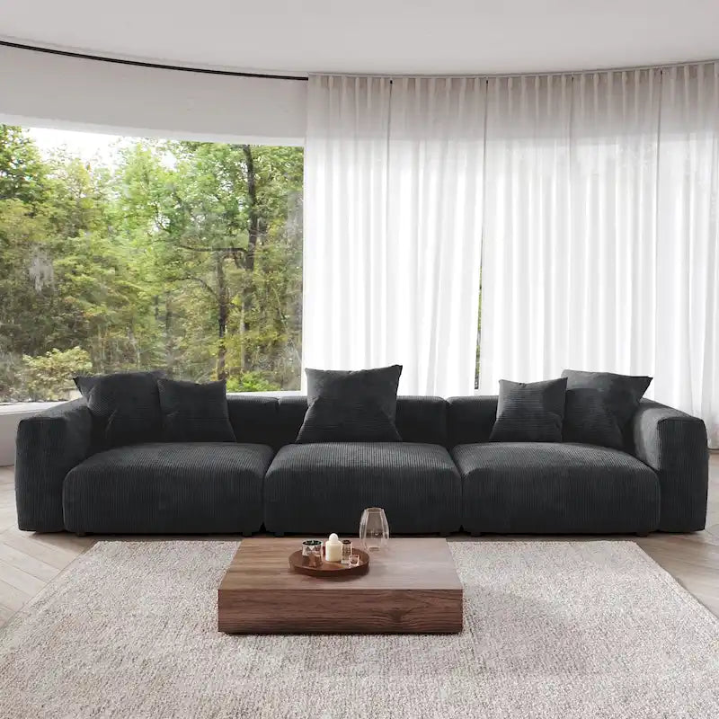 Canapé 3 places en velours côtelé avec coussins décoratifs, assise ultra profonde, noir