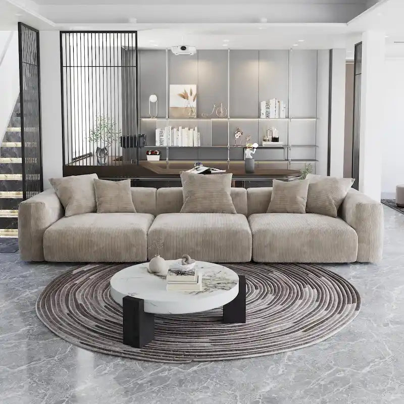 Canapé 3 places en velours côtelé avec coussins décoratifs, assise ultra profonde, noir