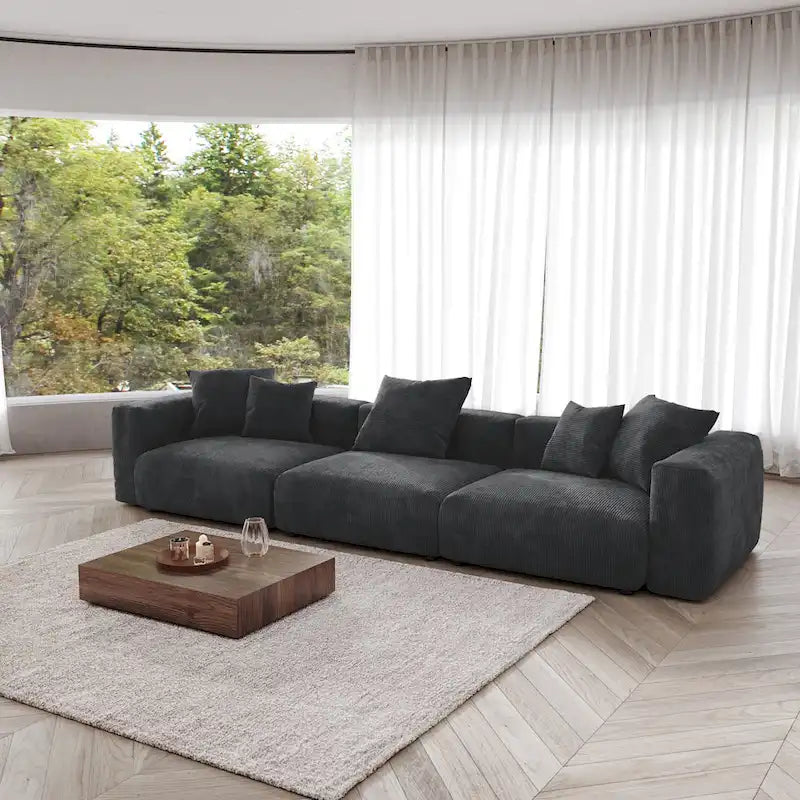 Canapé 3 places en velours côtelé avec coussins décoratifs, assise ultra profonde, noir