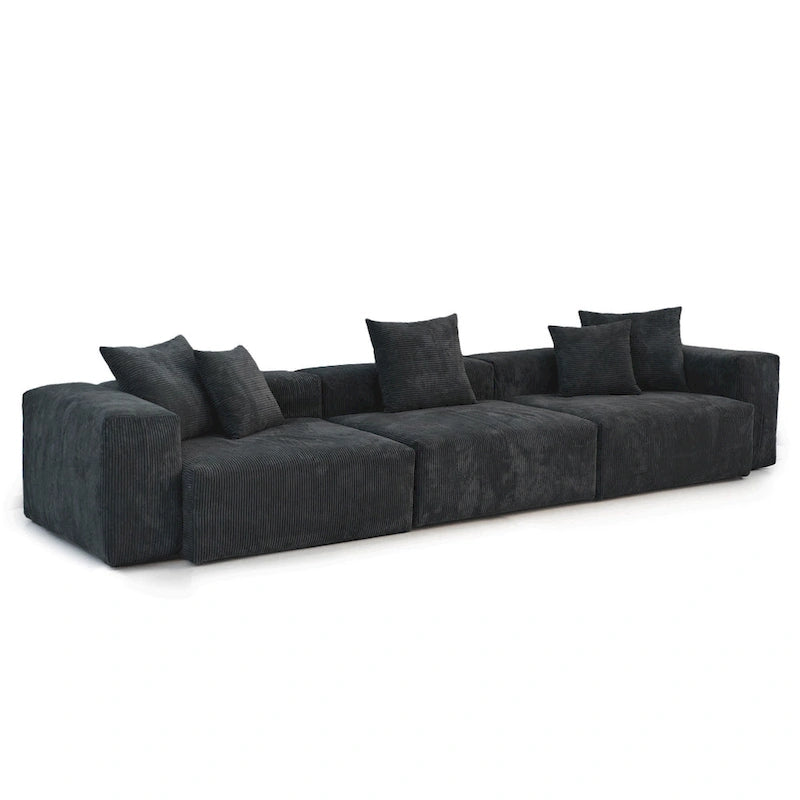 Canapé 3 places en velours côtelé avec coussins décoratifs, assise ultra profonde, noir