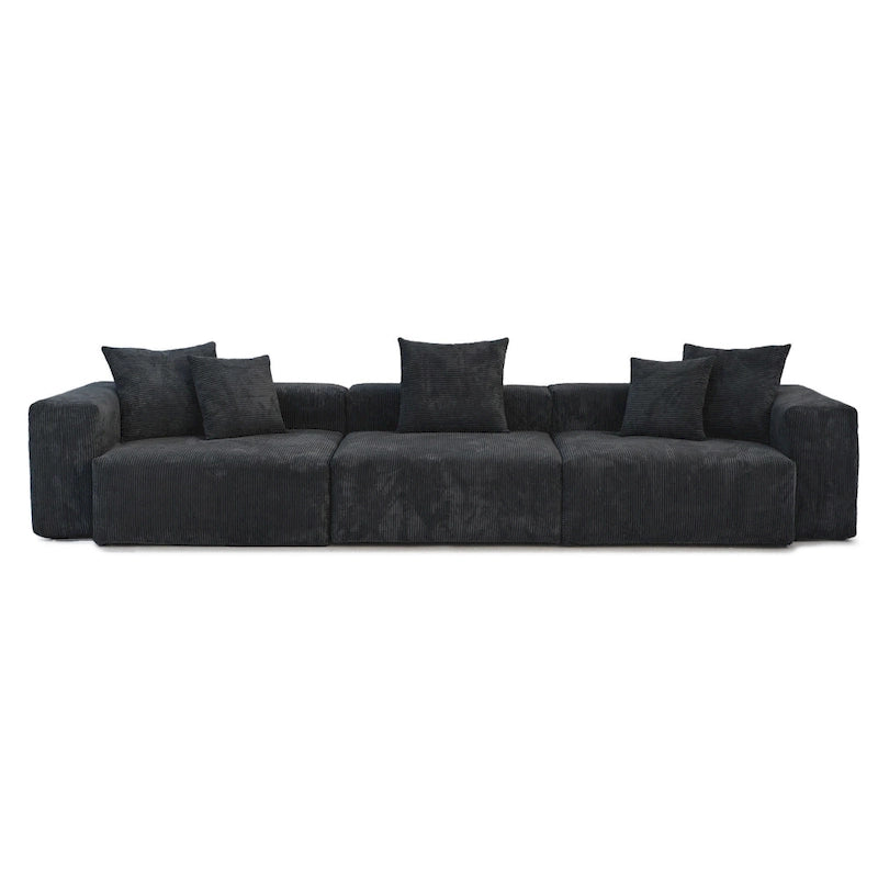 Canapé 3 places en velours côtelé avec coussins décoratifs, assise ultra profonde, noir