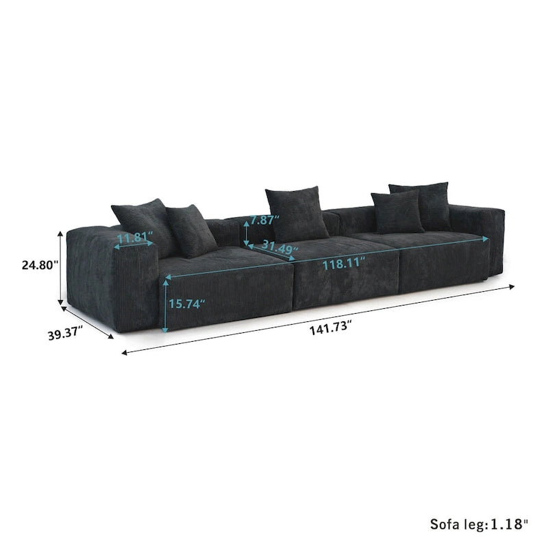 Canapé 3 places en velours côtelé avec coussins décoratifs, assise ultra profonde, noir