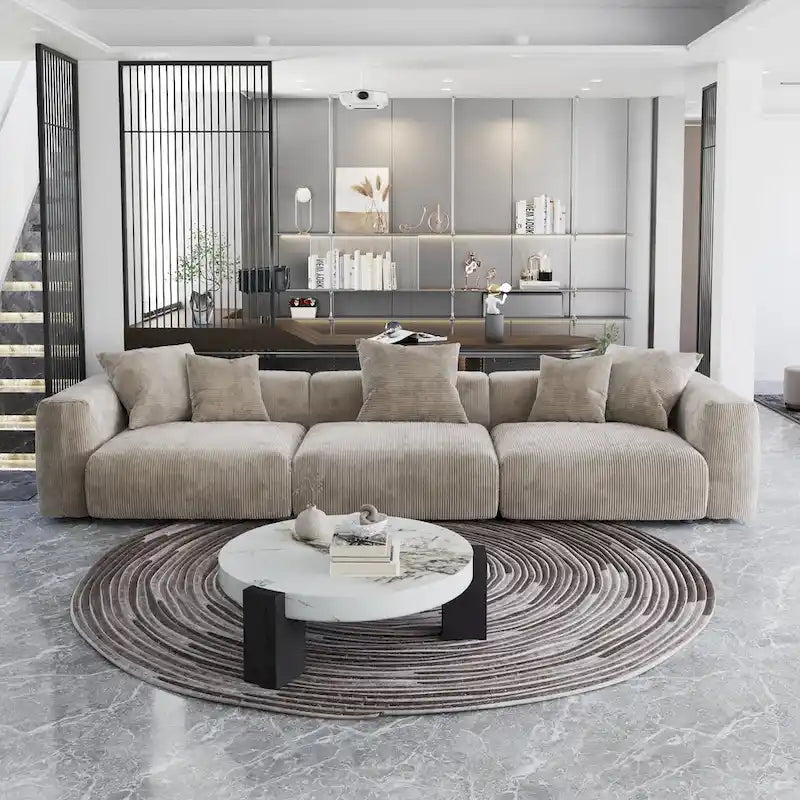 Canapé 3 places en velours côtelé avec coussins décoratifs, assise ultra profonde, noir