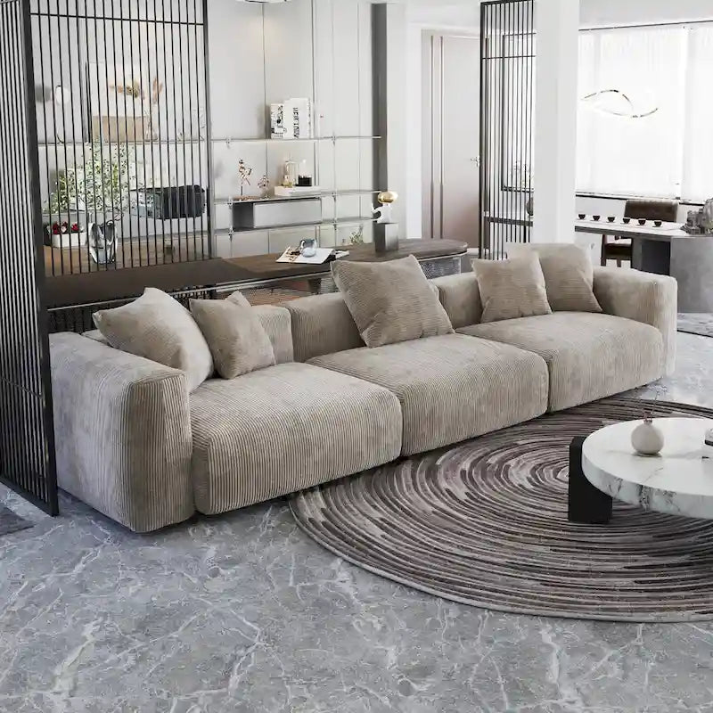 Canapé 3 places en velours côtelé avec coussins décoratifs, assise ultra profonde, noir