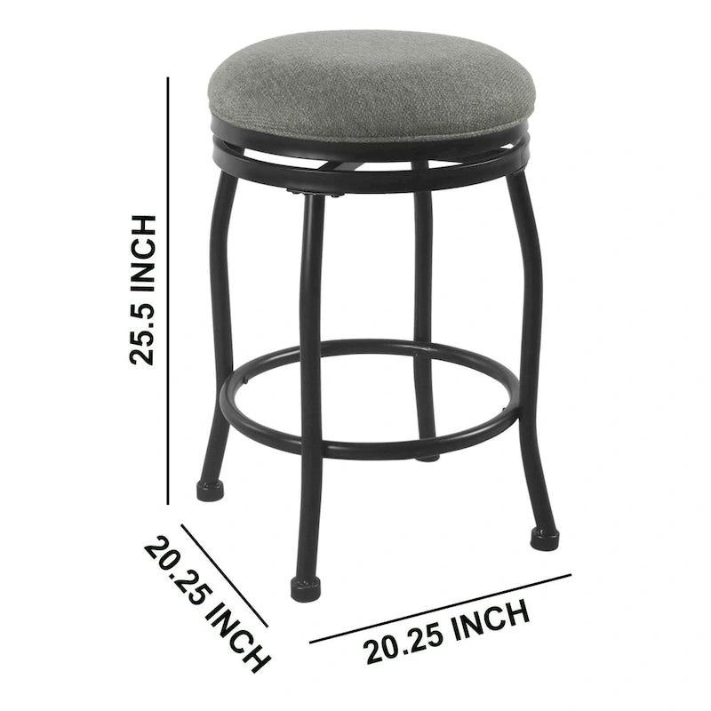 Tabouret de comptoir pivotant rond en tissu tissé avec structure en métal noir et repose-pieds annulaire, gris