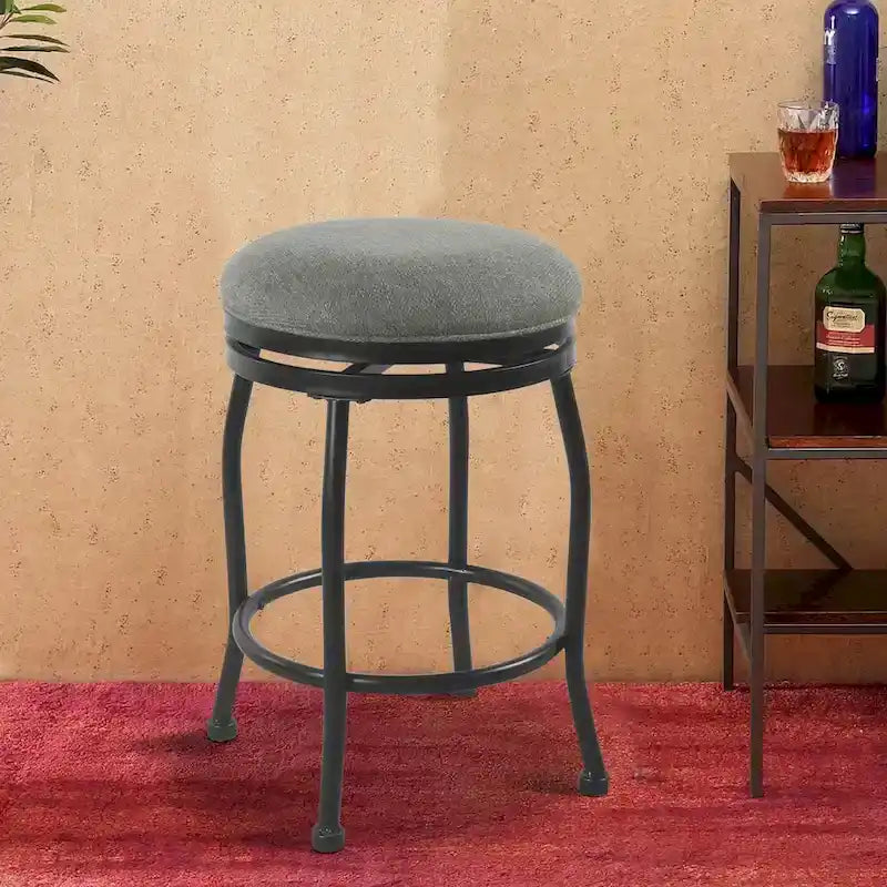 Tabouret de comptoir pivotant rond en tissu tissé avec structure en métal noir et repose-pieds annulaire, gris