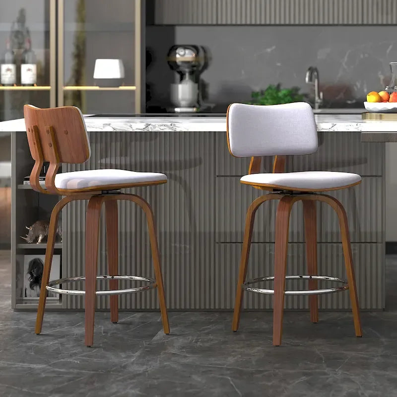 Tabouret de comptoir pivotant avec revêtement en tissu et pieds en noyer