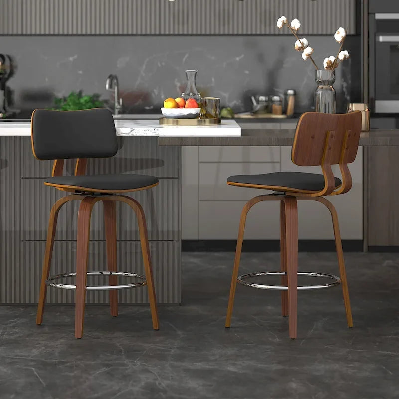 Tabouret de comptoir pivotant avec revêtement en tissu et pieds en noyer