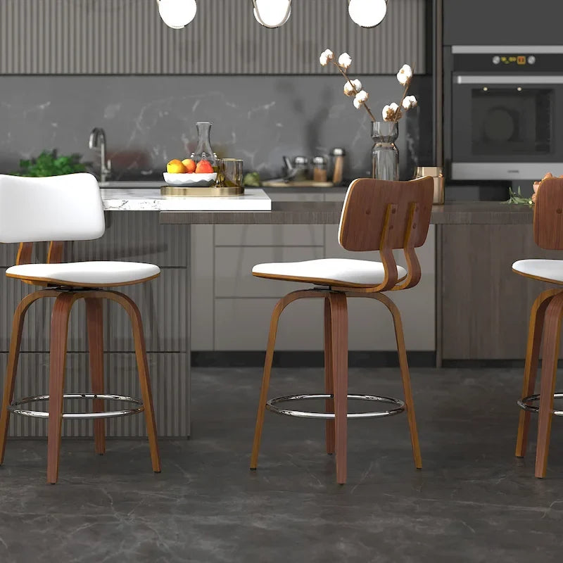 Tabouret de comptoir pivotant avec revêtement en tissu et pieds en noyer