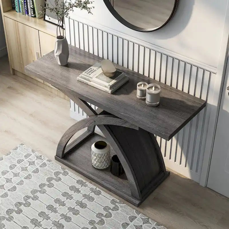 Table console de canapé avec base en X et étagère inférieure ouverte, gris vieilli