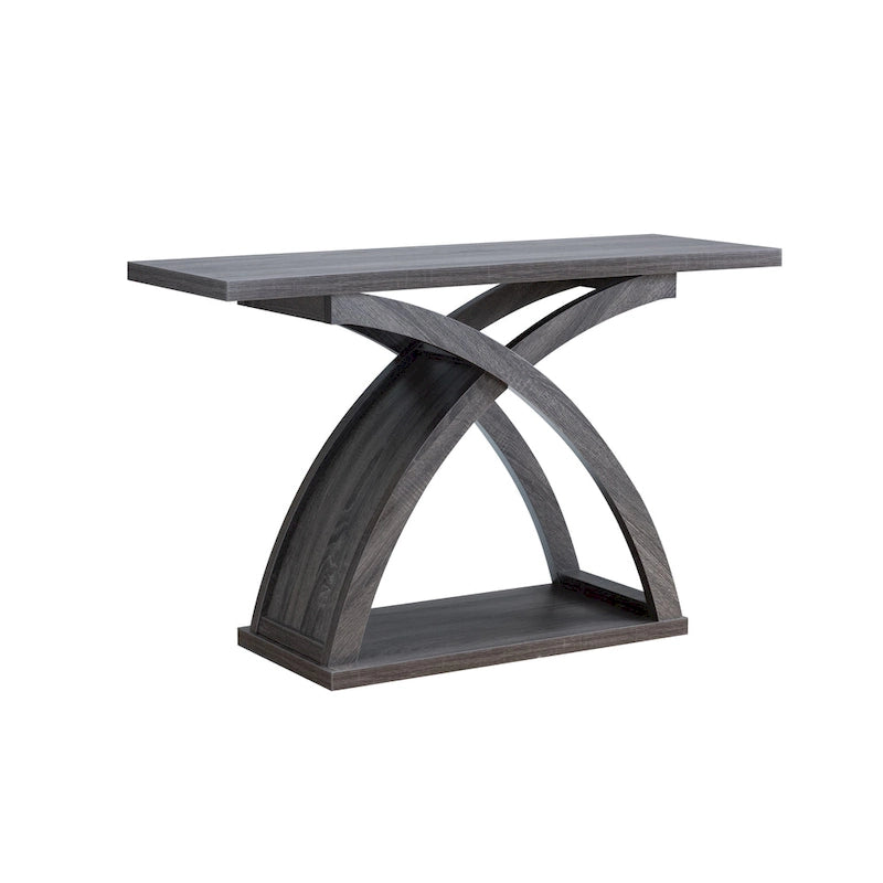 Table console de canapé avec base en X et étagère inférieure ouverte, gris vieilli