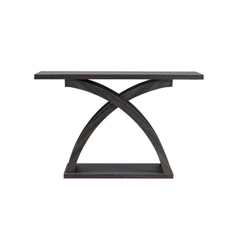 Table console de canapé avec base en X et étagère inférieure ouverte, gris vieilli