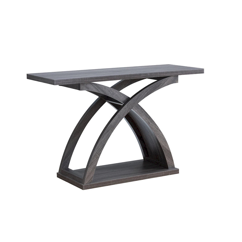 Table console de canapé avec base en X et étagère inférieure ouverte, gris vieilli