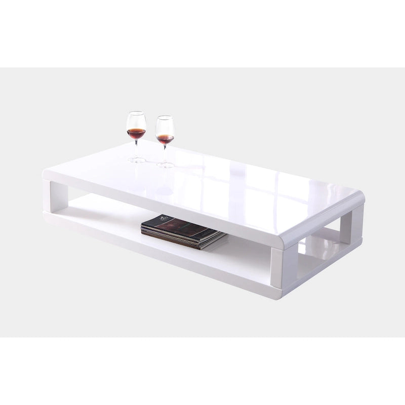 Table basse moderne en bois laqué blanc brillant avec étagère de rangement