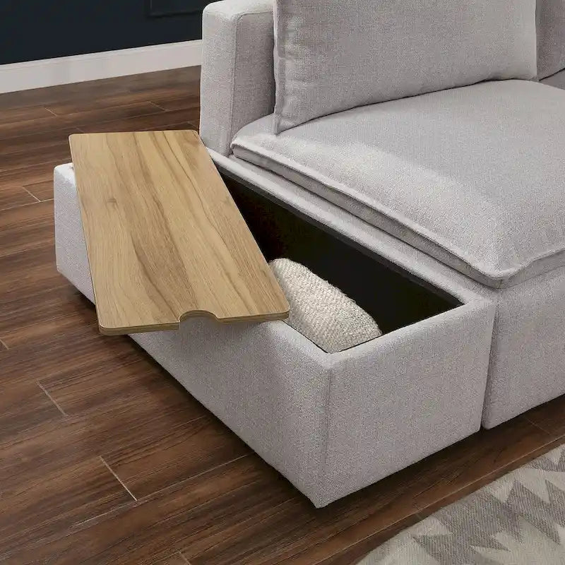 Console de rangement recouverte de tissu gris clair avec plateau effet bois