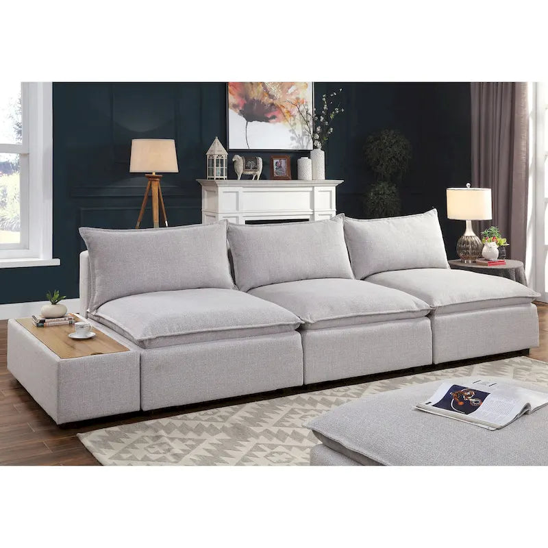 Console de rangement recouverte de tissu gris clair avec plateau effet bois