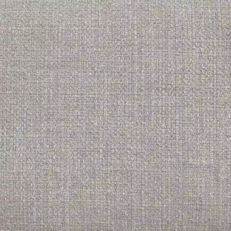 Console de rangement recouverte de tissu gris clair avec plateau effet bois