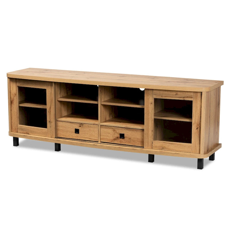 Meuble TV moderne marron chêne avec portes coulissantes en verre et 2 tiroirs