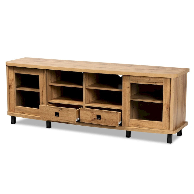 Meuble TV moderne marron chêne avec portes coulissantes en verre et 2 tiroirs