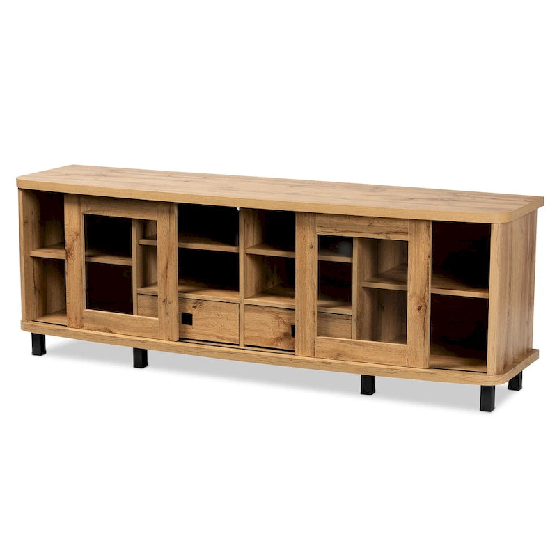 Meuble TV moderne marron chêne avec portes coulissantes en verre et 2 tiroirs