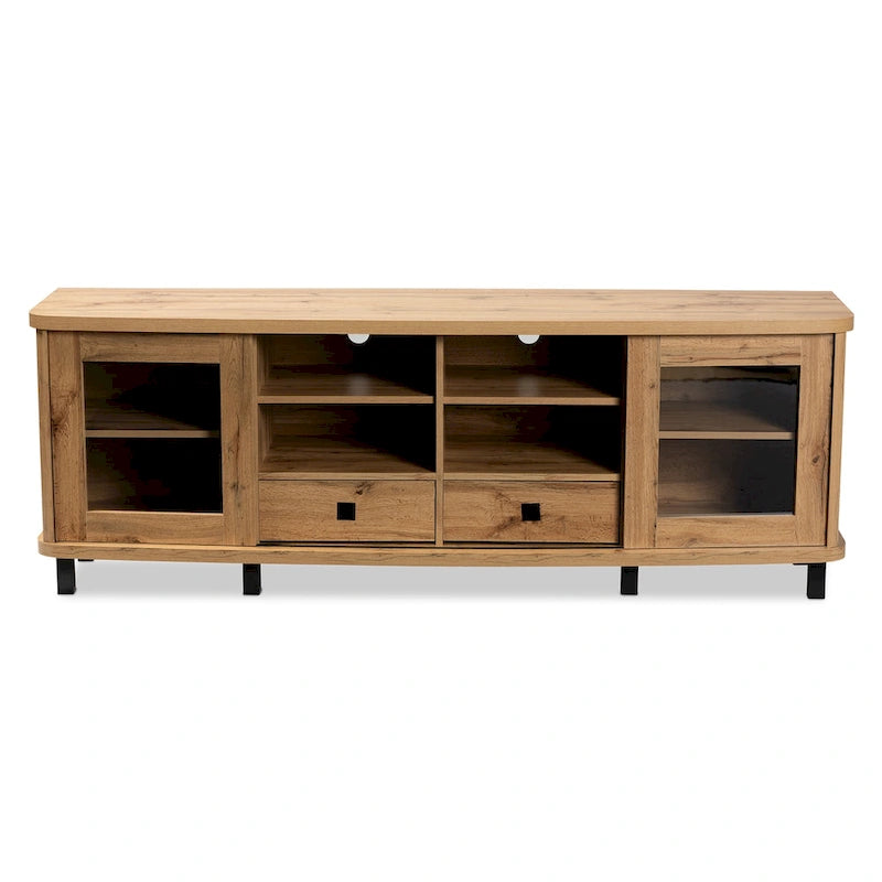 Meuble TV moderne marron chêne avec portes coulissantes en verre et 2 tiroirs