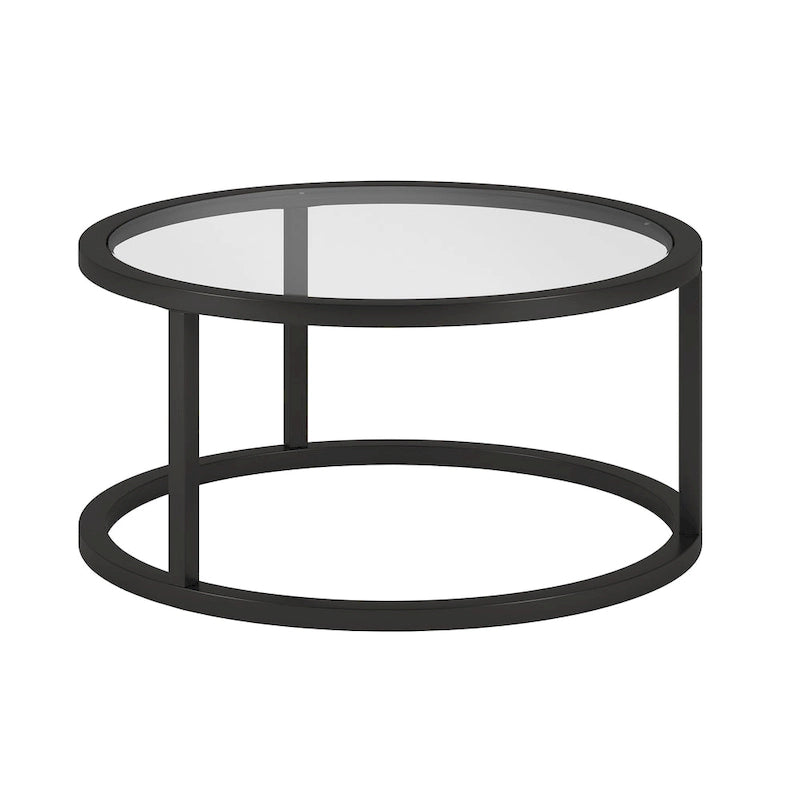 Table basse ronde avec plateau en verre trempé et cadre en acier finition laiton