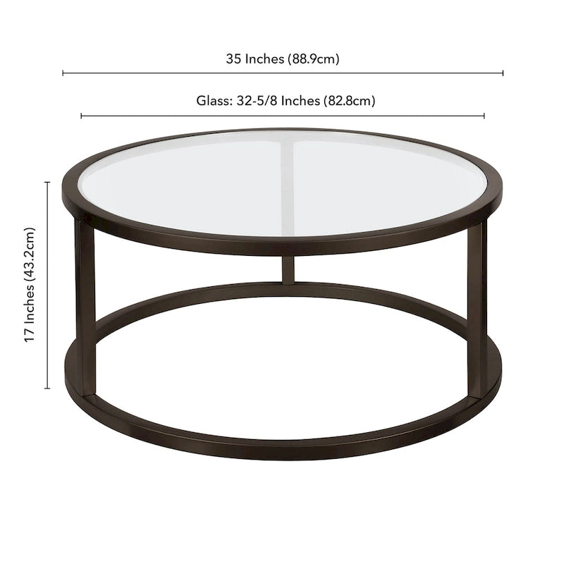 Table basse ronde avec plateau en verre trempé et cadre en acier finition laiton