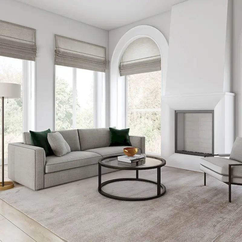 Table basse ronde avec plateau en verre trempé et cadre en acier finition laiton