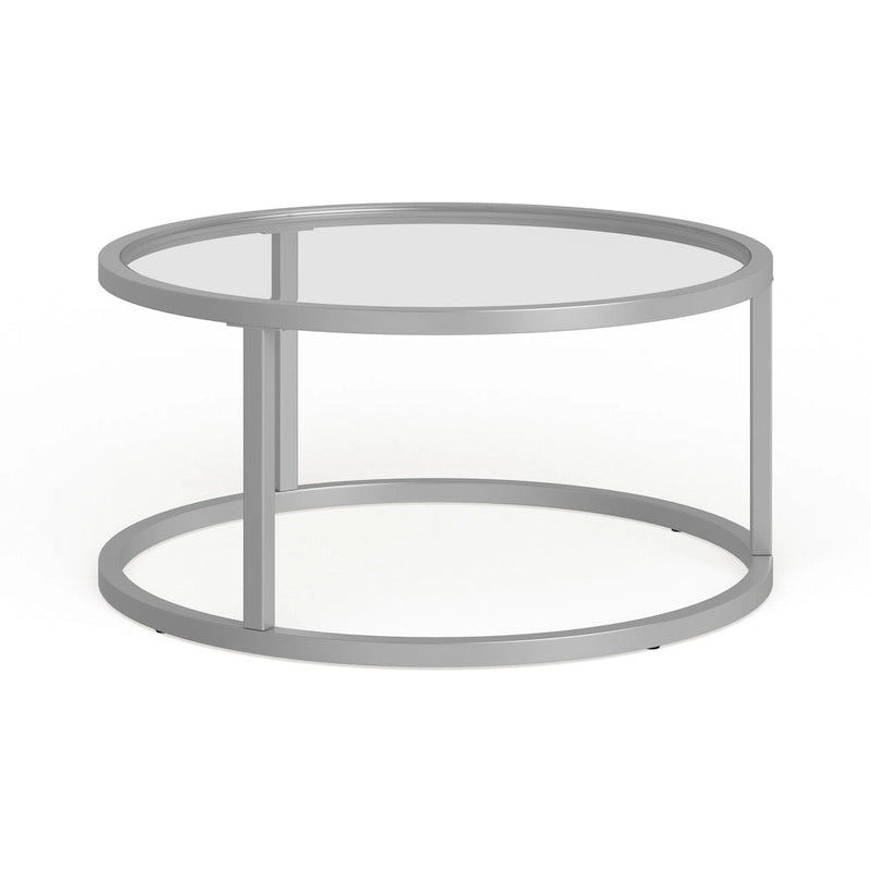 Table basse ronde avec plateau en verre trempé et cadre en acier finition laiton