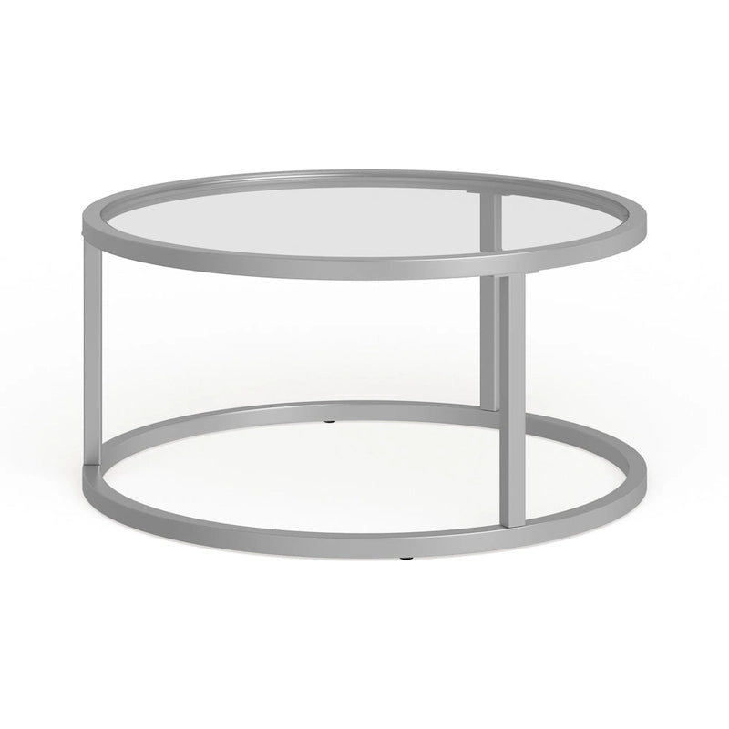 Table basse ronde avec plateau en verre trempé et cadre en acier finition laiton