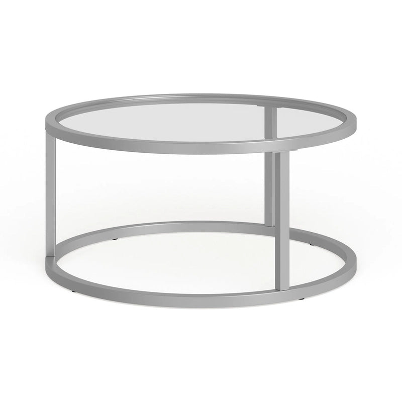 Table basse ronde avec plateau en verre trempé et cadre en acier finition laiton