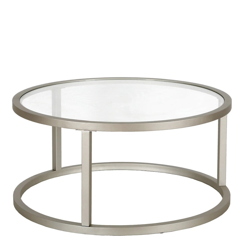 Table basse ronde avec plateau en verre trempé et cadre en acier finition laiton