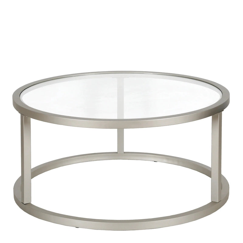 Table basse ronde avec plateau en verre trempé et cadre en acier finition laiton
