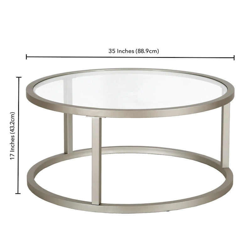 Table basse ronde avec plateau en verre trempé et cadre en acier finition laiton