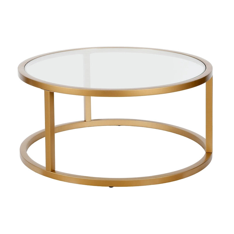 Table basse ronde avec plateau en verre trempé et cadre en acier finition laiton