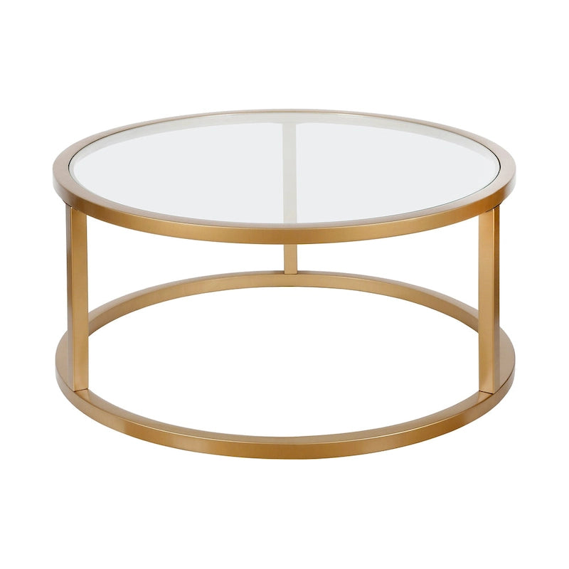 Table basse ronde avec plateau en verre trempé et cadre en acier finition laiton